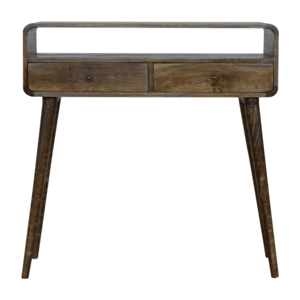 Artisan Furniture Solid Wood Curved Console Table with 2 Drawers & Open Storage – Grey-wash, Grey and Brown