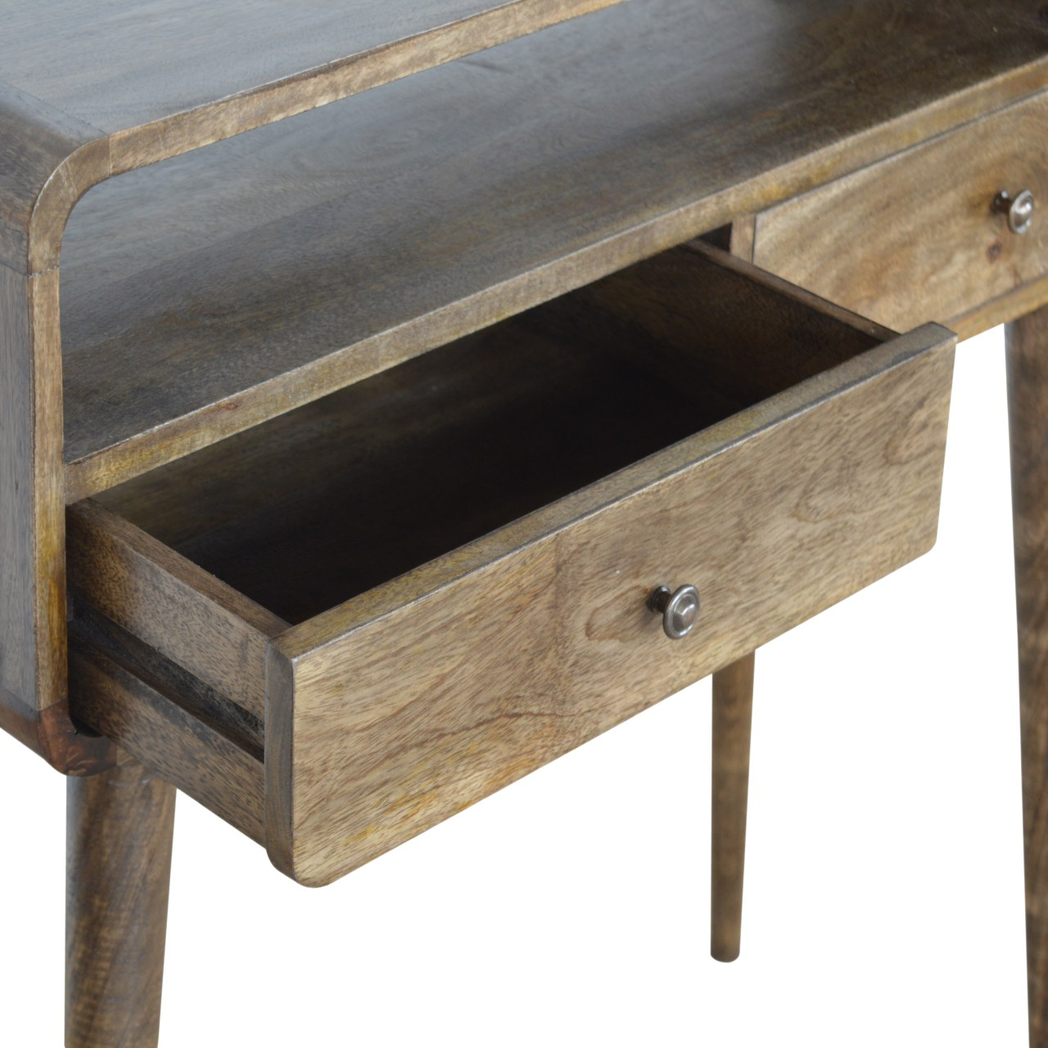 Artisan Furniture Solid Wood Curved Console Table with 2 Drawers & Open Storage – Grey-wash, Grey and Brown