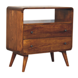 Artisan Furniture Solid Wood Curved Nordic Charm Chest with 2 Drawers and Shelf – Mid-Century, Dark Brown