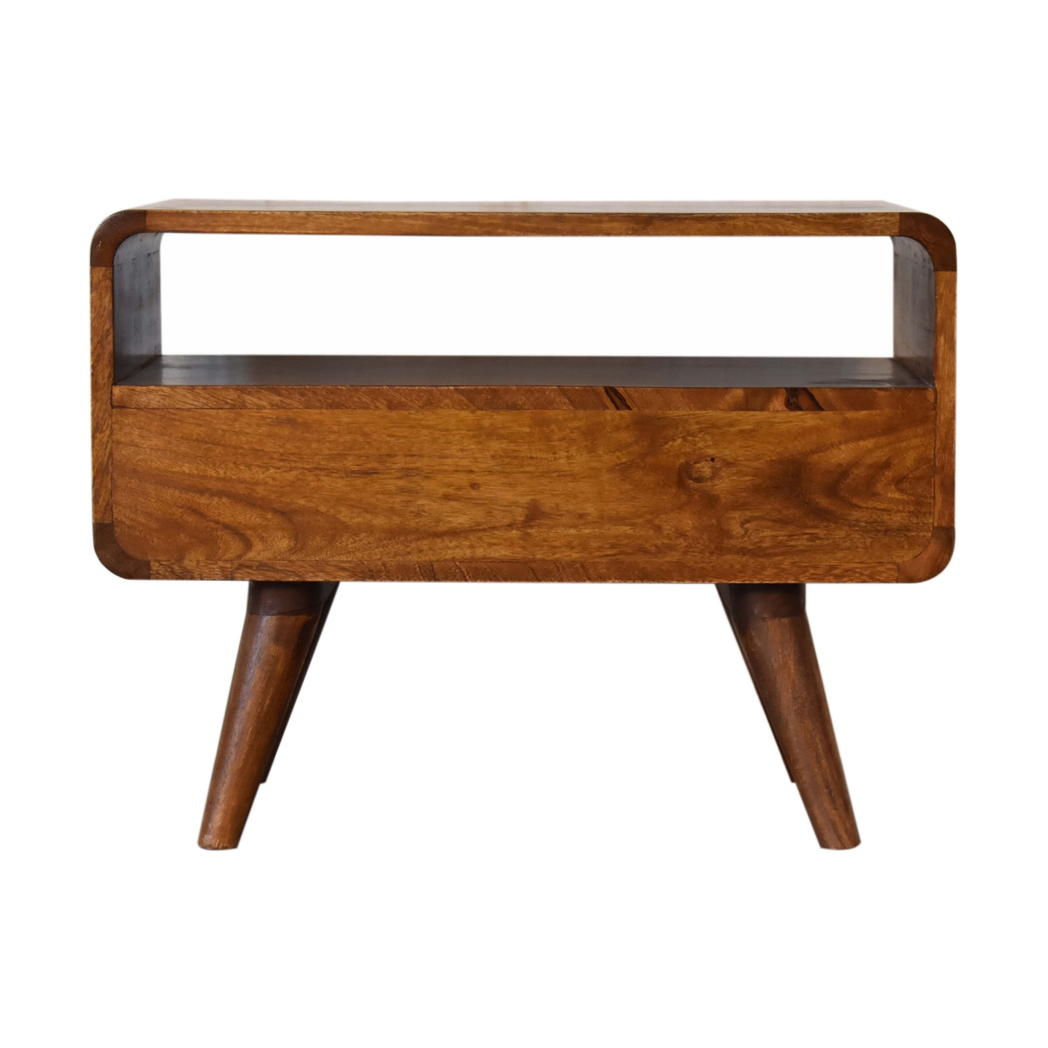Artisan Mini Curved Solid Wood Media Unit with 2 Drawers – Compact TV Storage for Small Spaces, Chestnut