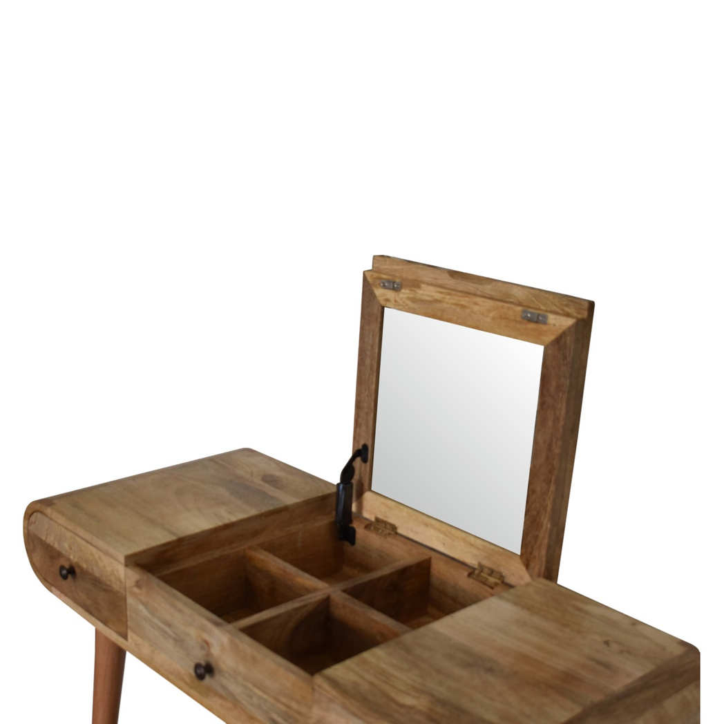Artisan Furniture Round Dressing Table in Solid Mango Wood with Foldable Mirror & Storage – Bedroom, Beige