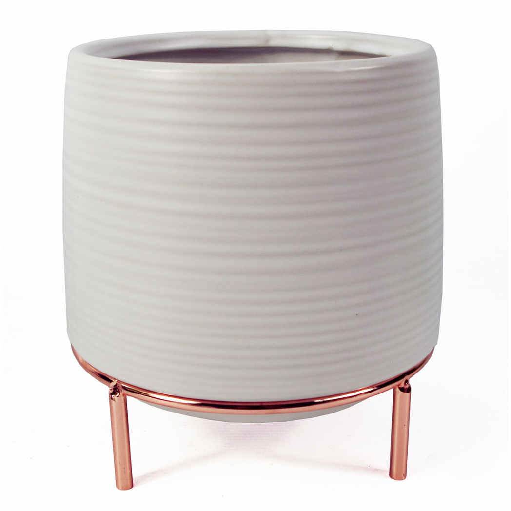 18cm White Ceramic Planter with Metal Stand – Indoor Plant Pot, White & Gold