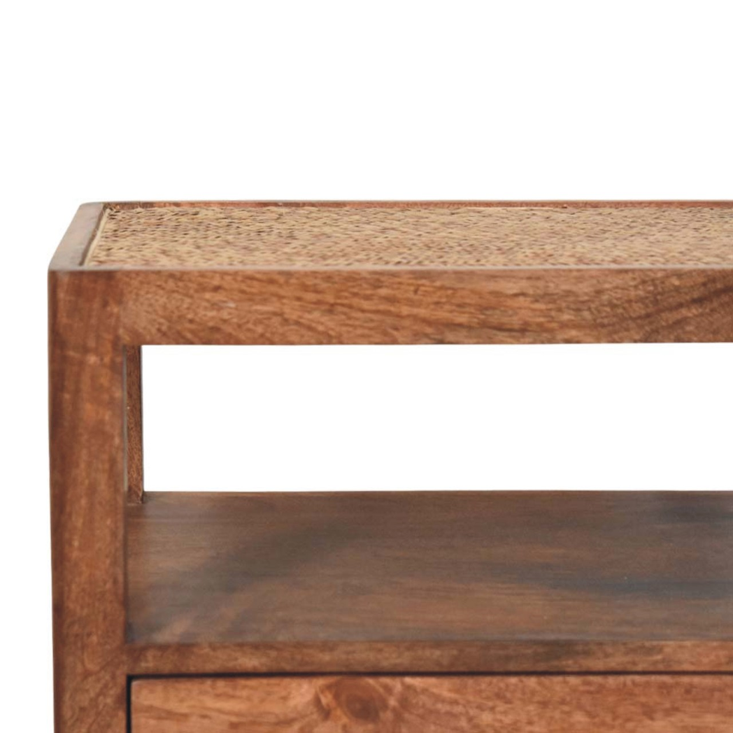 Artisan Furniture Solid Wood Caldera Bedside Stand, 1 Drawer, Open Shelf and Rattan Top – Brown