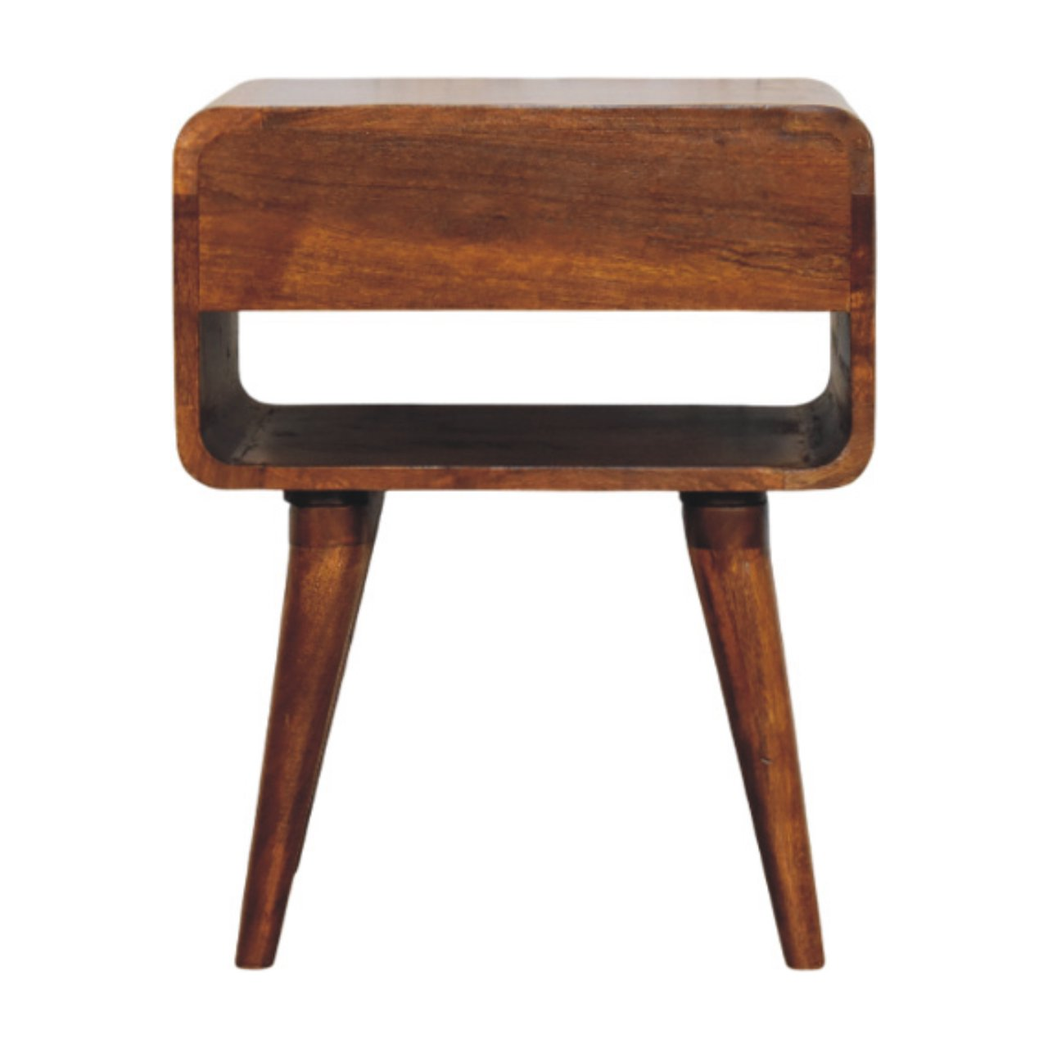 Artisan Furniture Solid Wood Avora Chestnut Nightstand with Drawer and Open Shelf – Mid-Century Style, Brown