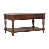 Artisan Furniture Solid Wood Turned Legs Coffee Table with 2 Drawers and Shelf – Living Room, Dark Brown