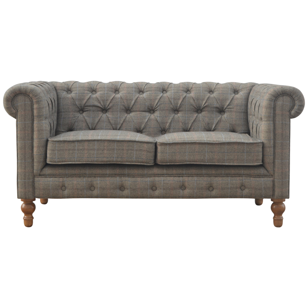 Artisan Furniture Chesterfield 2 Seater Sofa in Multi Tweed with Button Tufting – Solid Mango Wood Frame, Grey