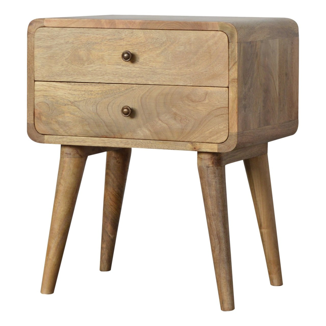 Artisan Furniture Curved Bedside Table with 2 Drawers – Solid Mango Wood, Oak-Effect Finish, Brown
