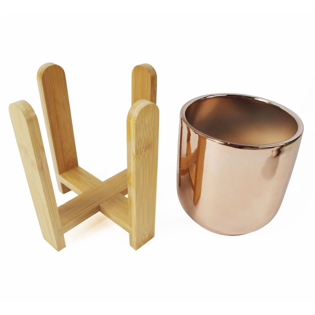 16cm Gold Ceramic Planter with Bamboo Stand – Indoor Plant Pot, Gold & Brown