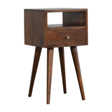 Artisan Furniture Solid Wood Mini Bedside Table with 1 Drawer and Open Shelf – Nordic Style, Chestnut Brown