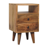 Artisan Mini Classic Solid Wood Bedside Table with 2 Drawers & Open Slot – Compact Bedroom Storage, Brown
