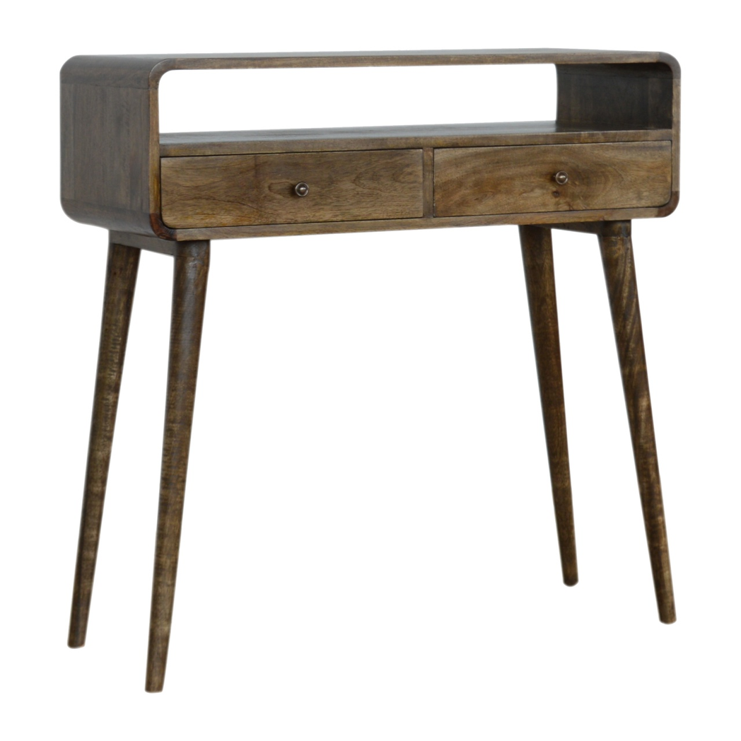 Artisan Furniture Solid Wood Curved Console Table with 2 Drawers & Open Storage – Grey-wash, Grey and Brown