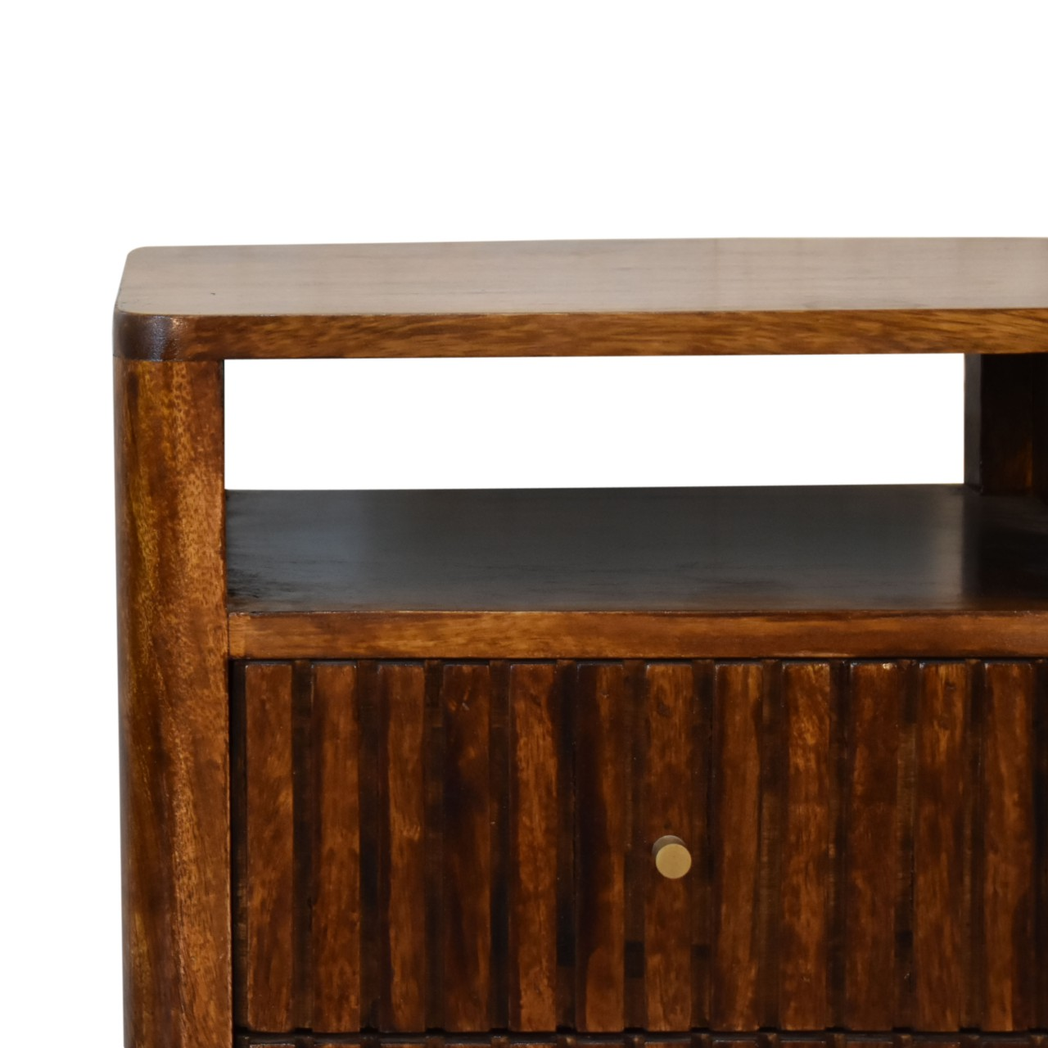 Artisan Furniture Solid Wood Reeve Retro Bedside Table with 2 Drawers and Open Slot – Chestnut, Dark Brown