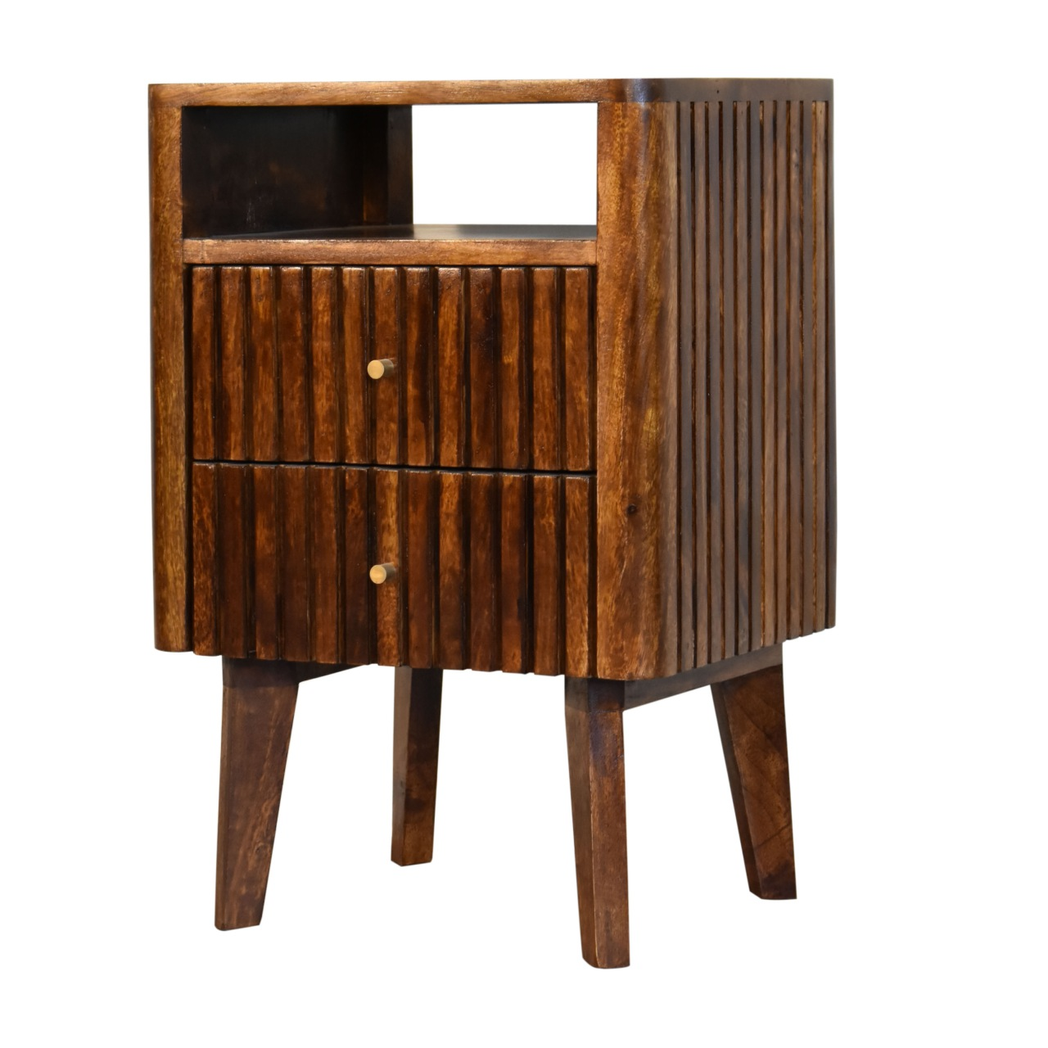 Artisan Furniture Solid Wood Reeve Retro Bedside Table with 2 Drawers and Open Slot – Chestnut, Dark Brown