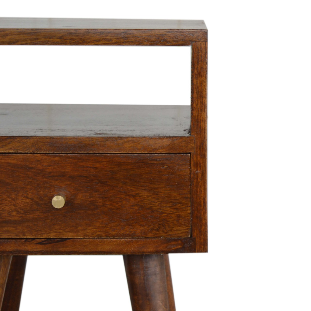 Artisan Furniture Solid Wood Mini Bedside Table with 1 Drawer and Open Shelf – Nordic Style, Chestnut Brown