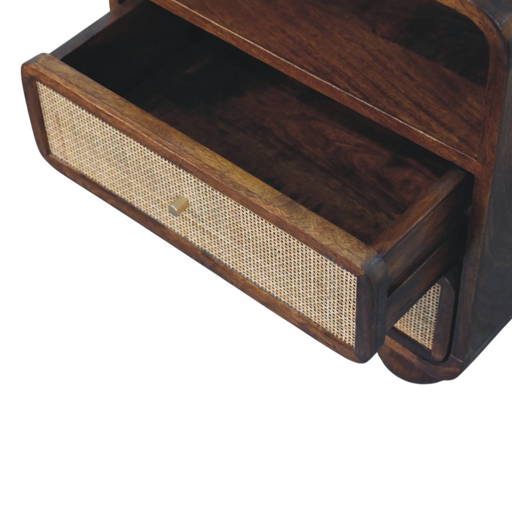 Artisan Furniture Solid Wood Larissa 2 Drawer Nightstand with Open Shelf – Rattan Bedside Table, Dark Brown