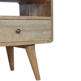 Artisan Curved Solid Wood Media Unit with 2 Drawers – Oak-Look Brown TV Stand for Living Rooms
