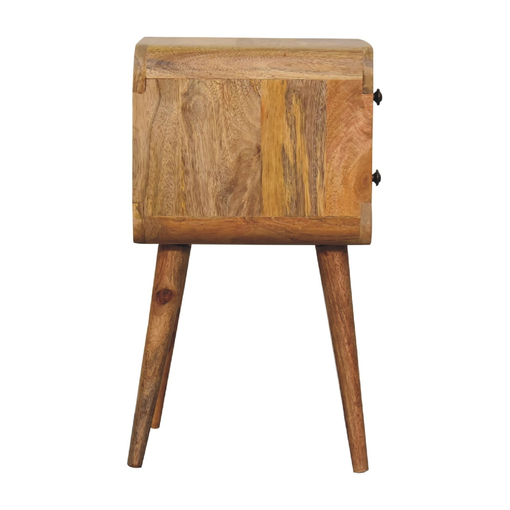 Artisan Furniture Solid Wood Mini Curved Bedside Table with 2 Drawers – Nordic Style, Oak-ish Brown