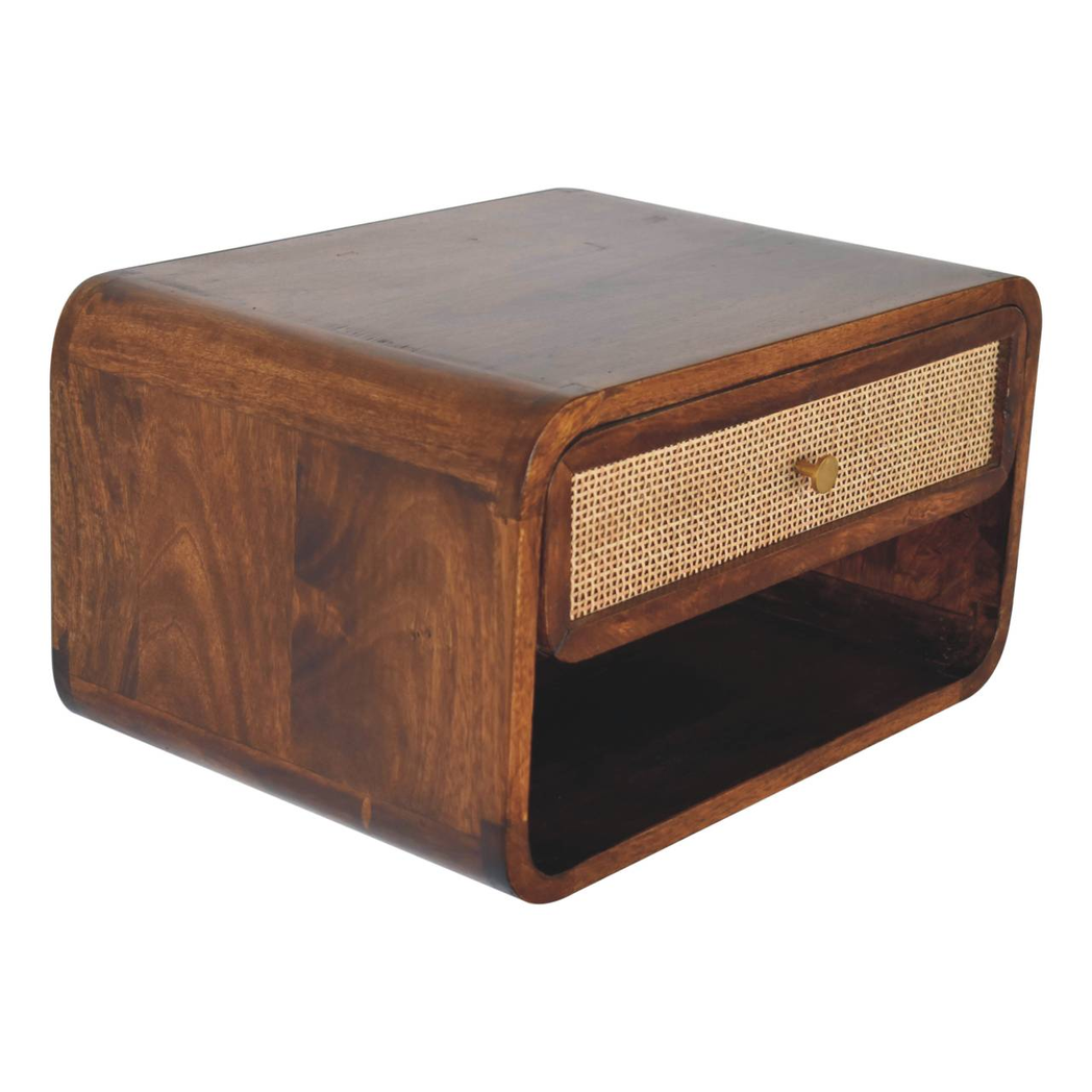 Artisan Furniture Solid Wood Chestnut Wall Mounted Woven Bedside, 1 Drawer & Shelf – Dark Brown