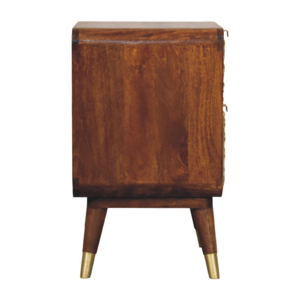 Artisan Furniture Solid Wood Avora Brass Embossed Nightstand with 2 Doors – Chestnut Finish, Brown and Gold