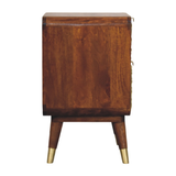 Artisan Furniture Solid Wood Avora Brass Embossed Nightstand with 2 Doors – Chestnut Finish, Brown and Gold