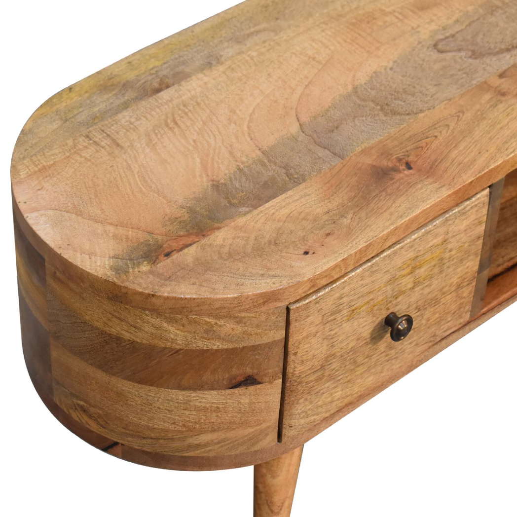 Artisan Furniture Mini Rounded Media Unit in Solid Mango Wood, 2 Drawers & Open Slot – Bedroom, Beige