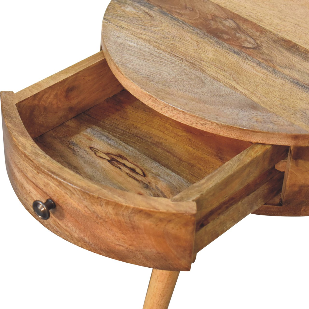 Artisan Furniture Mini Circular Bedside Table with Drawer – Solid Mango Wood, Oak-ish Finish, Brown