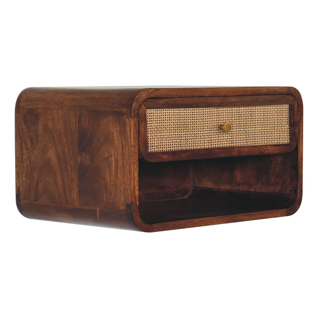 Artisan Furniture Solid Wood Chestnut Wall Mounted Woven Bedside, 1 Drawer & Shelf – Dark Brown