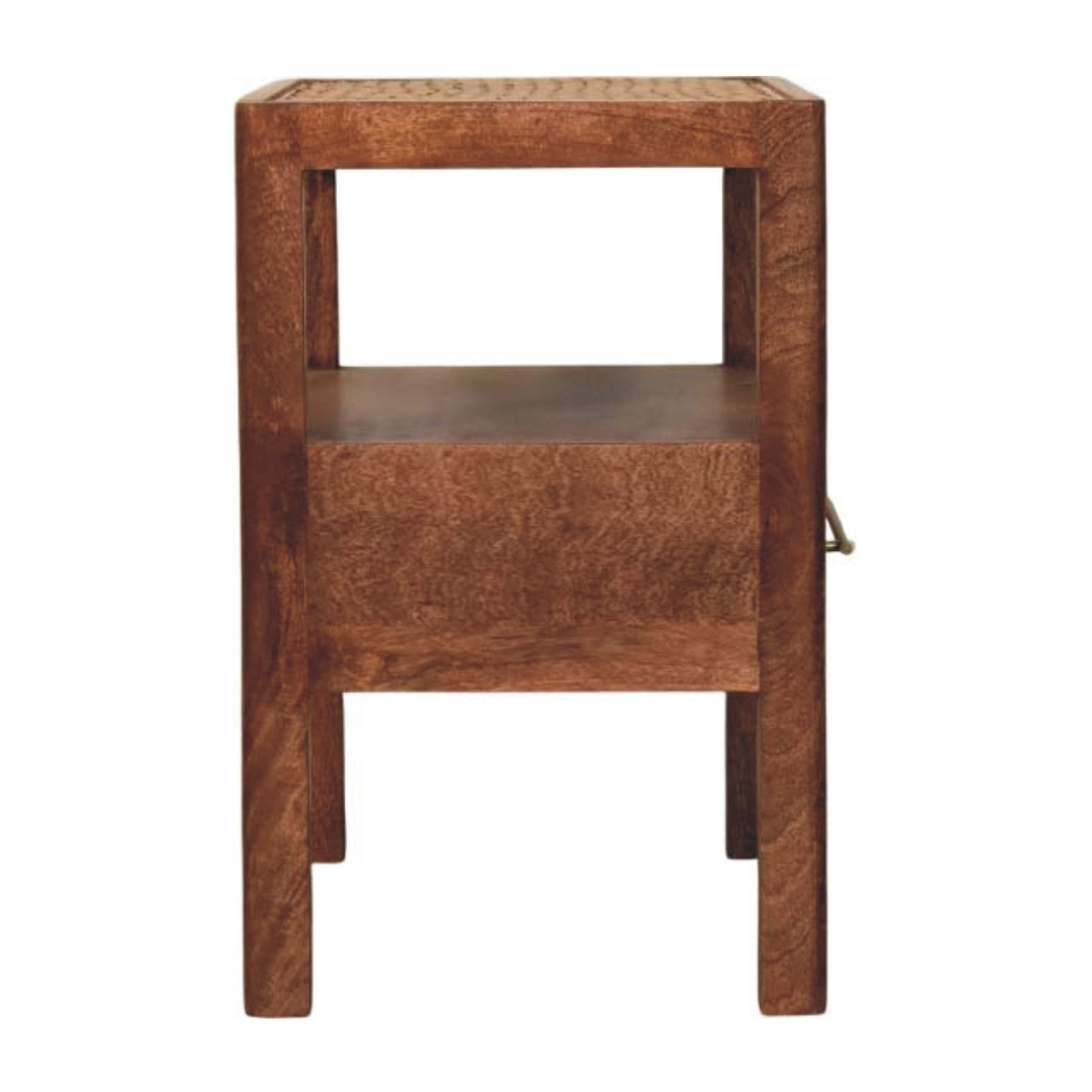 Artisan Furniture Solid Wood Caldera Bedside Stand, 1 Drawer, Open Shelf and Rattan Top – Brown