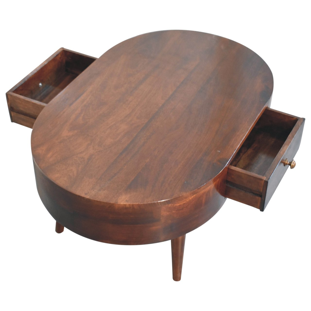 Artisan Furniture Solid Wood California Walnut Rounded Coffee Table with Drawer – Nordic Legs, Dark Brown