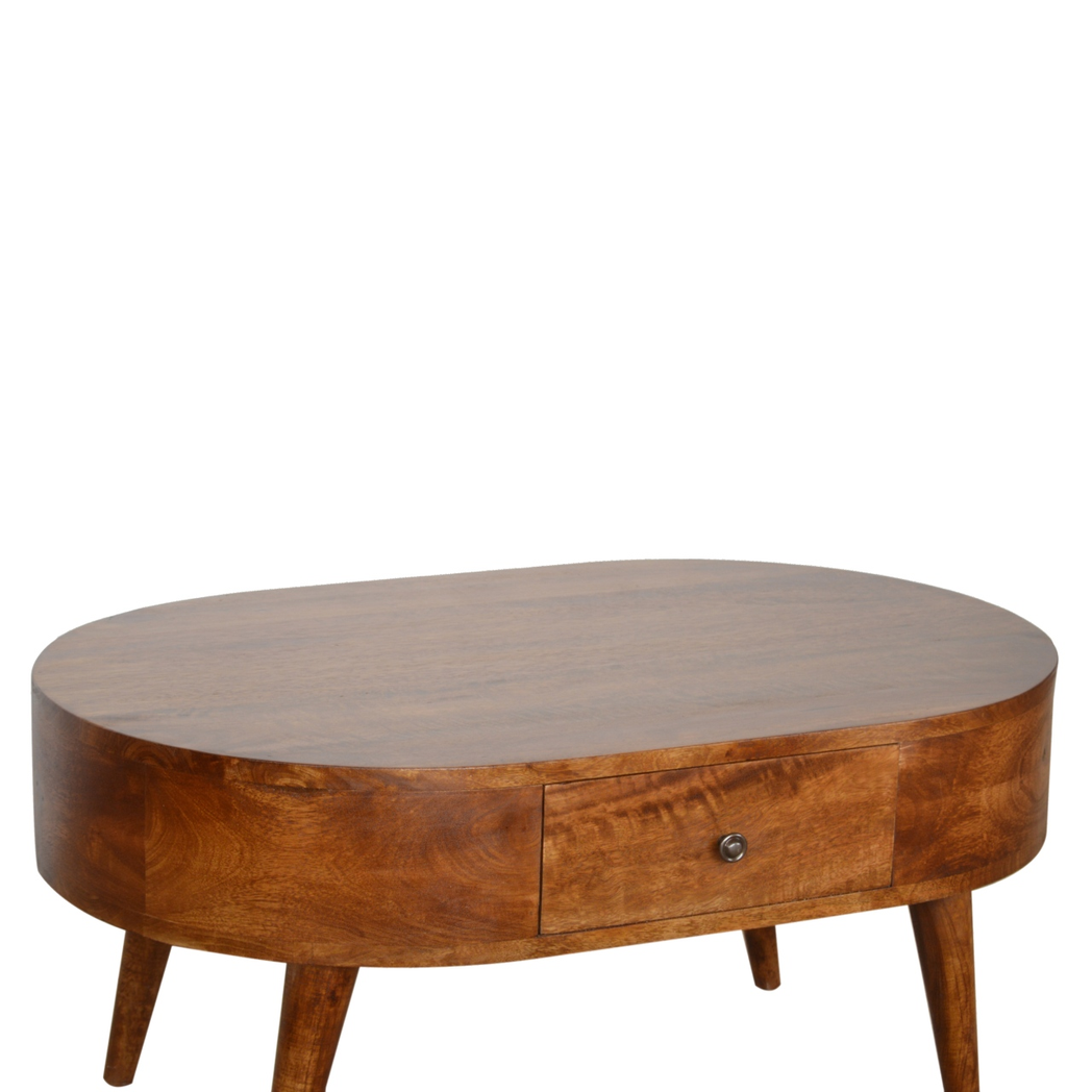 Artisan Solid Wood Rounded Coffee Table with 2 Drawers – Living Room Storage, Dark Chestnut
