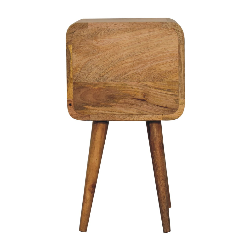 Artisan Furniture Solid Wood Mini Curved Bedside Table with 2 Drawers – Nordic Style, Oak-ish Brown