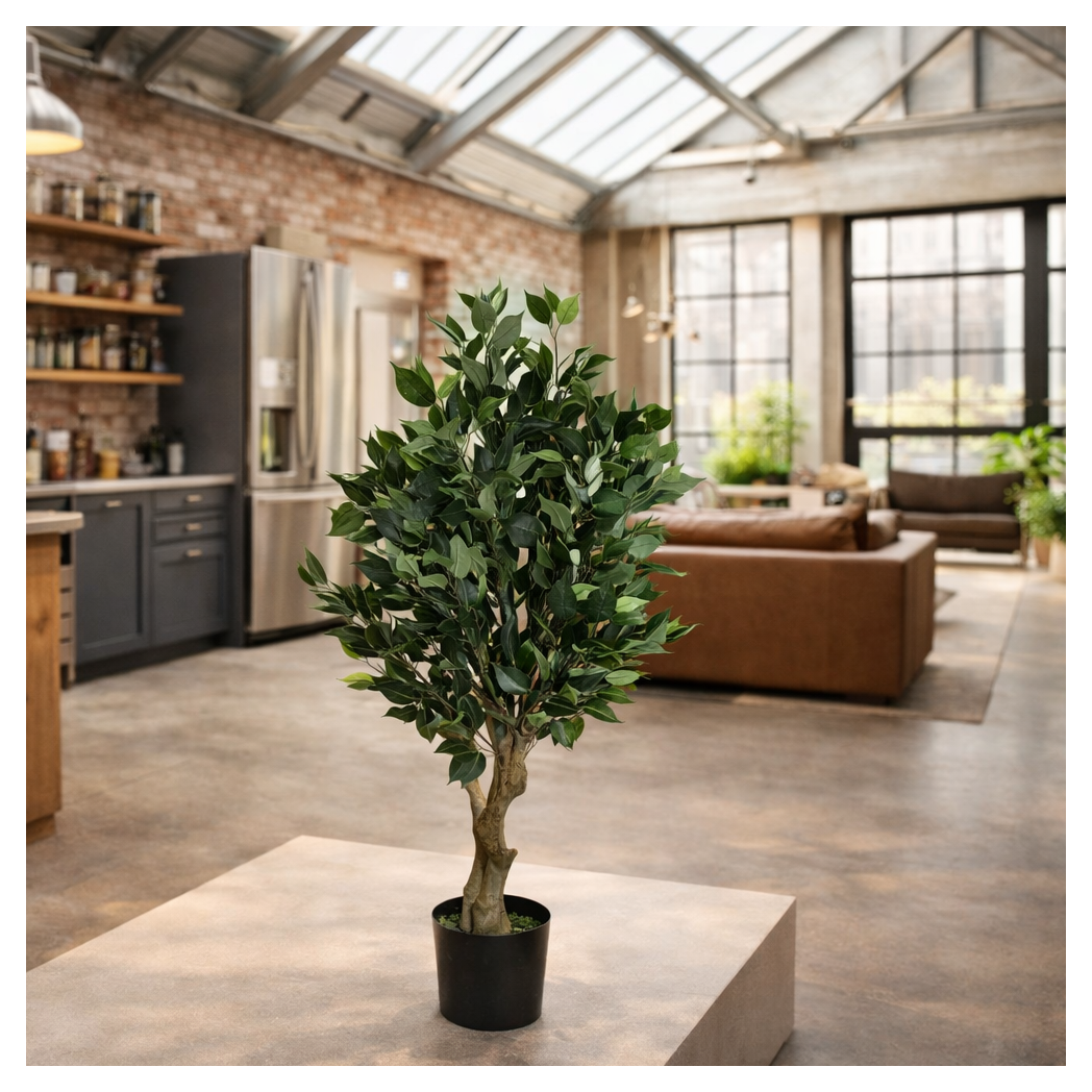110cm Artificial Evergreen Ficus Tree with Wired Stems and Pot – Realistic Indoor Faux Plant