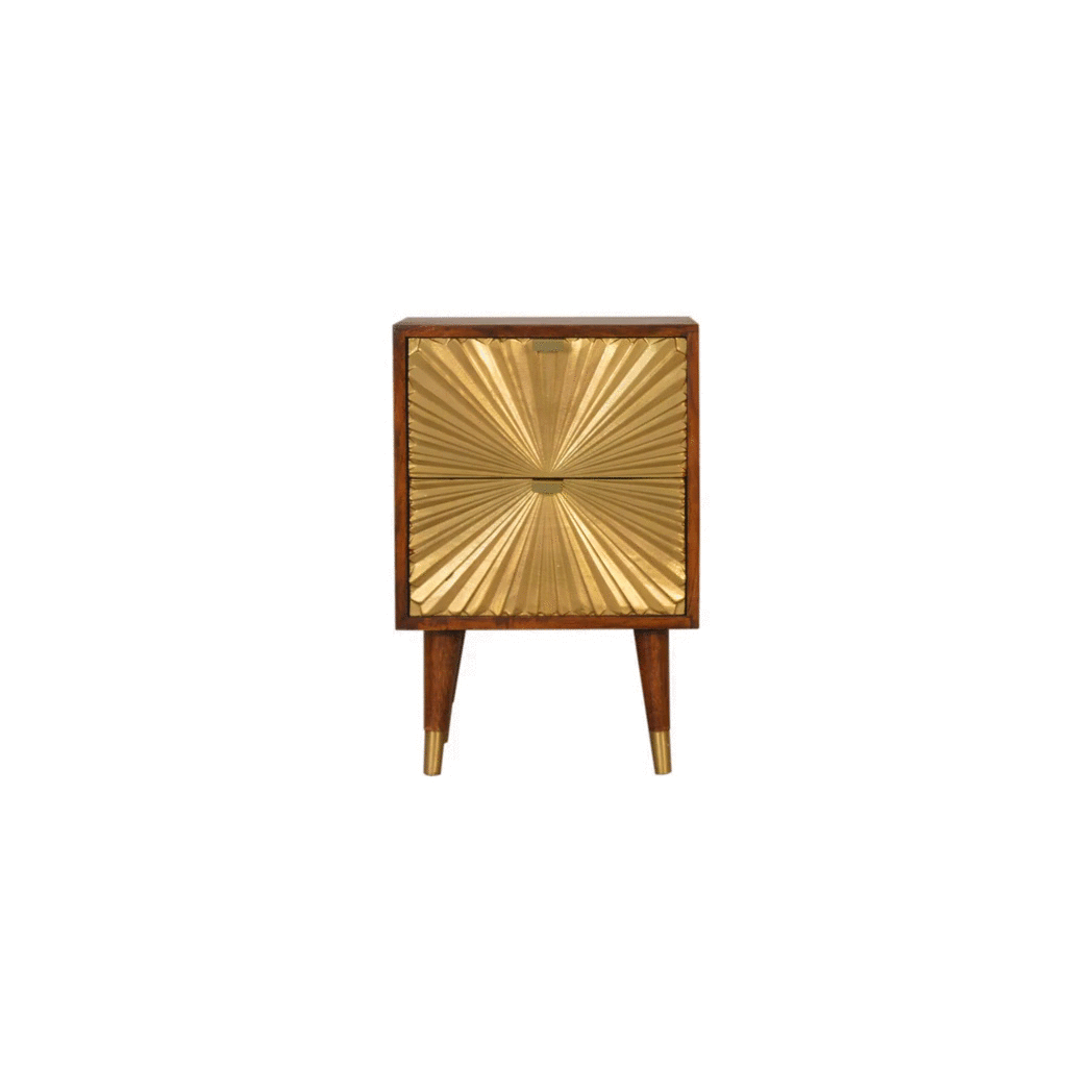 Artisan Furniture Solid Wood Manila Gold Chestnut Bedside Table, 2 Drawers & Brass Cap Feet – Brown