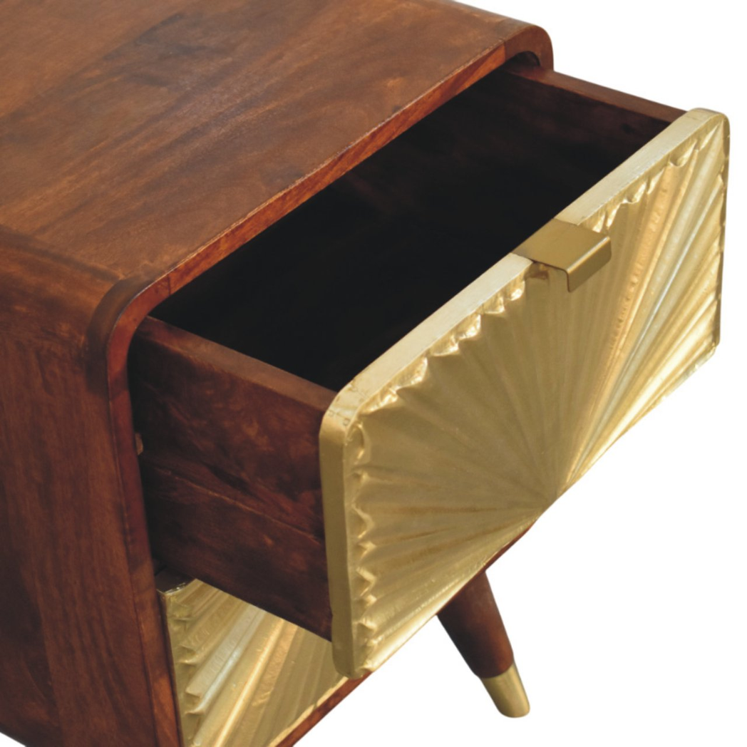 Artisan Furniture Solid Wood Avora Brass Embossed Nightstand with 2 Doors – Chestnut Finish, Brown and Gold