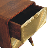 Artisan Furniture Solid Wood Avora Brass Embossed Nightstand with 2 Doors – Chestnut Finish, Brown and Gold