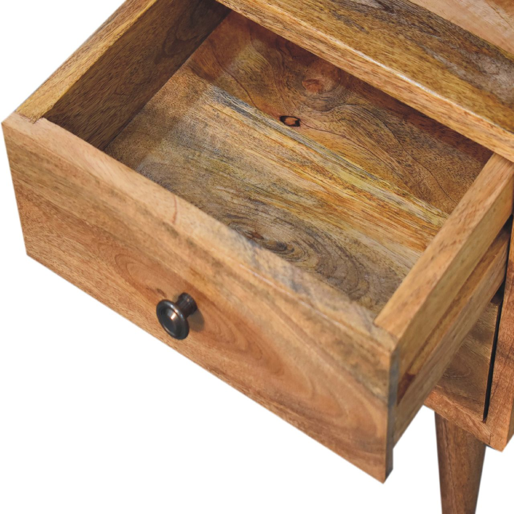 Artisan Mini Classic Solid Wood Bedside Table with 2 Drawers & Open Slot – Compact Bedroom Storage, Brown