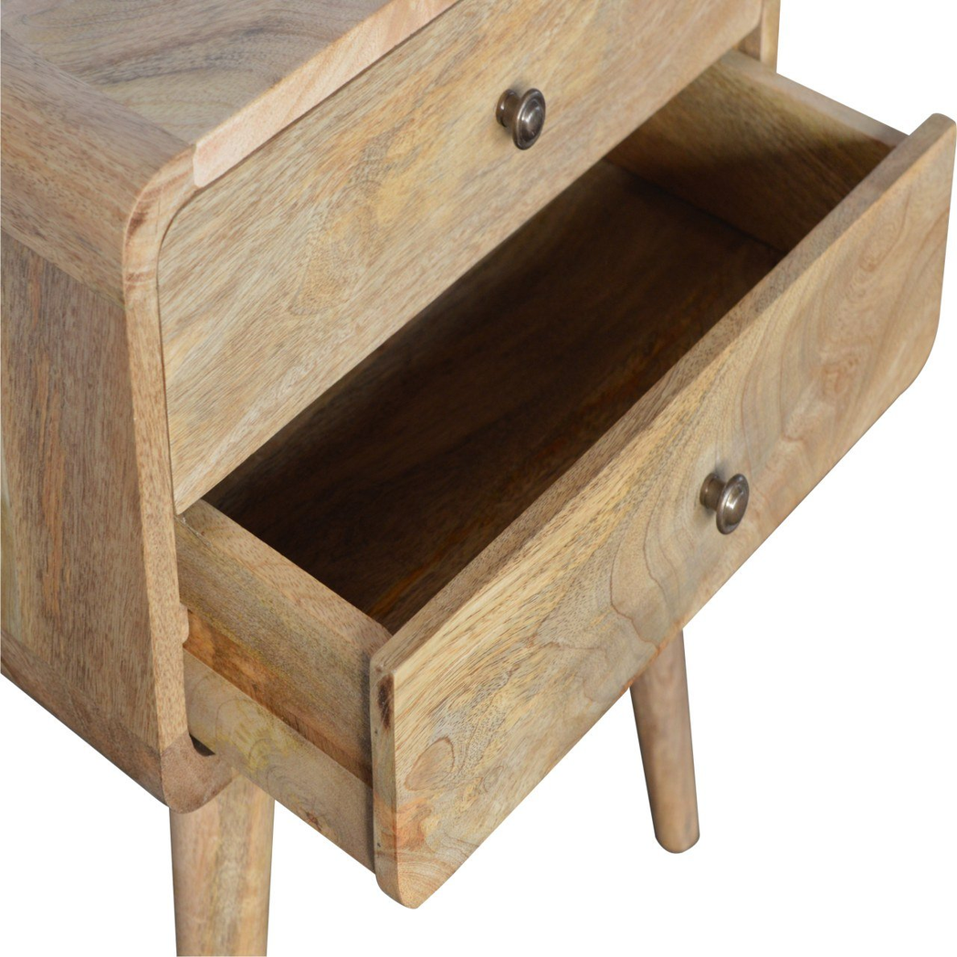 Artisan Furniture Curved Bedside Table with 2 Drawers – Solid Mango Wood, Oak-Effect Finish, Brown