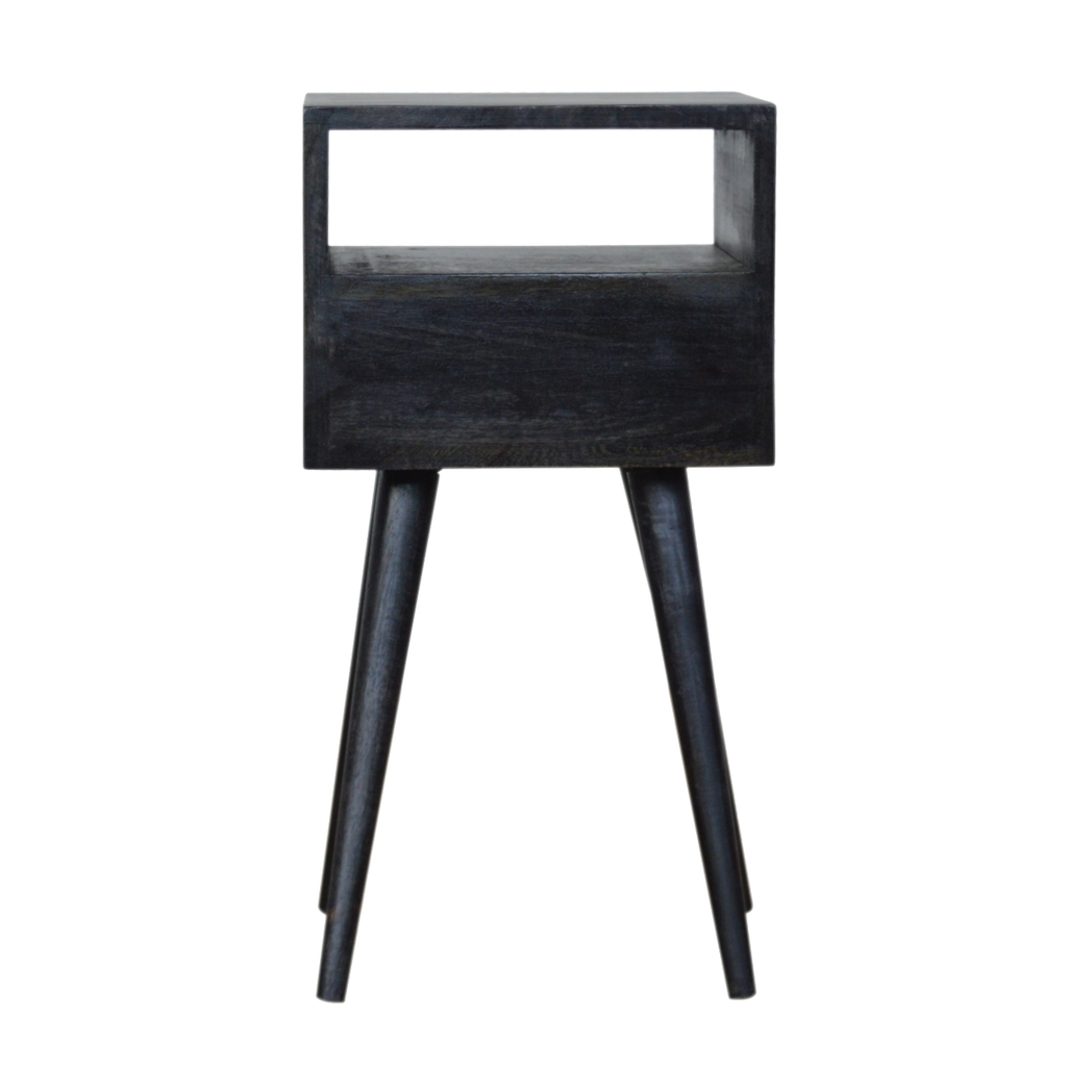 Artisan Furniture Solid Wood Mini Bedside Table with Pull-Out Drawer and Shelf – Nordic Style, Ash Black