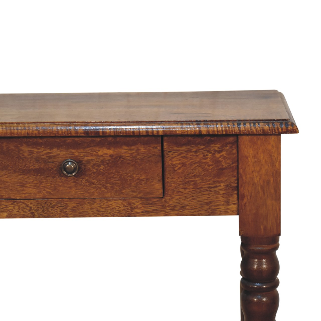 Artisan Solid Wood Turned Leg Writing Desk with Drawer – Mango Wood Study Desk, Chestnut
