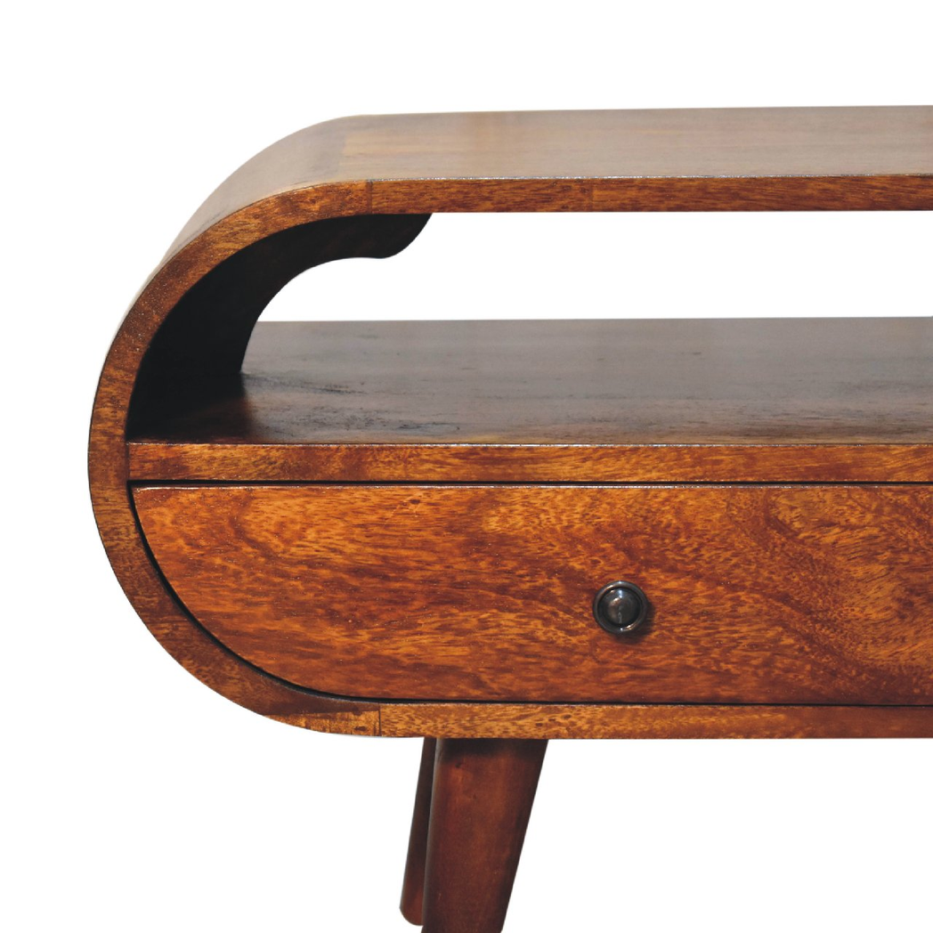 Artisan Furniture Circular TV Stand in Solid Mango Wood, 2 Drawers & Open Slot – Media Unit, Dark Brown