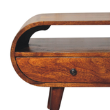 Artisan Furniture Circular TV Stand in Solid Mango Wood, 2 Drawers & Open Slot – Media Unit, Dark Brown