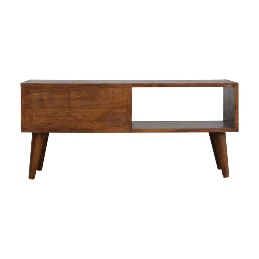 Artisan Furniture Solid Wood Chestnut Prism Sliding Media Unit, Open Slot & Sliding Door – Dark Brown
