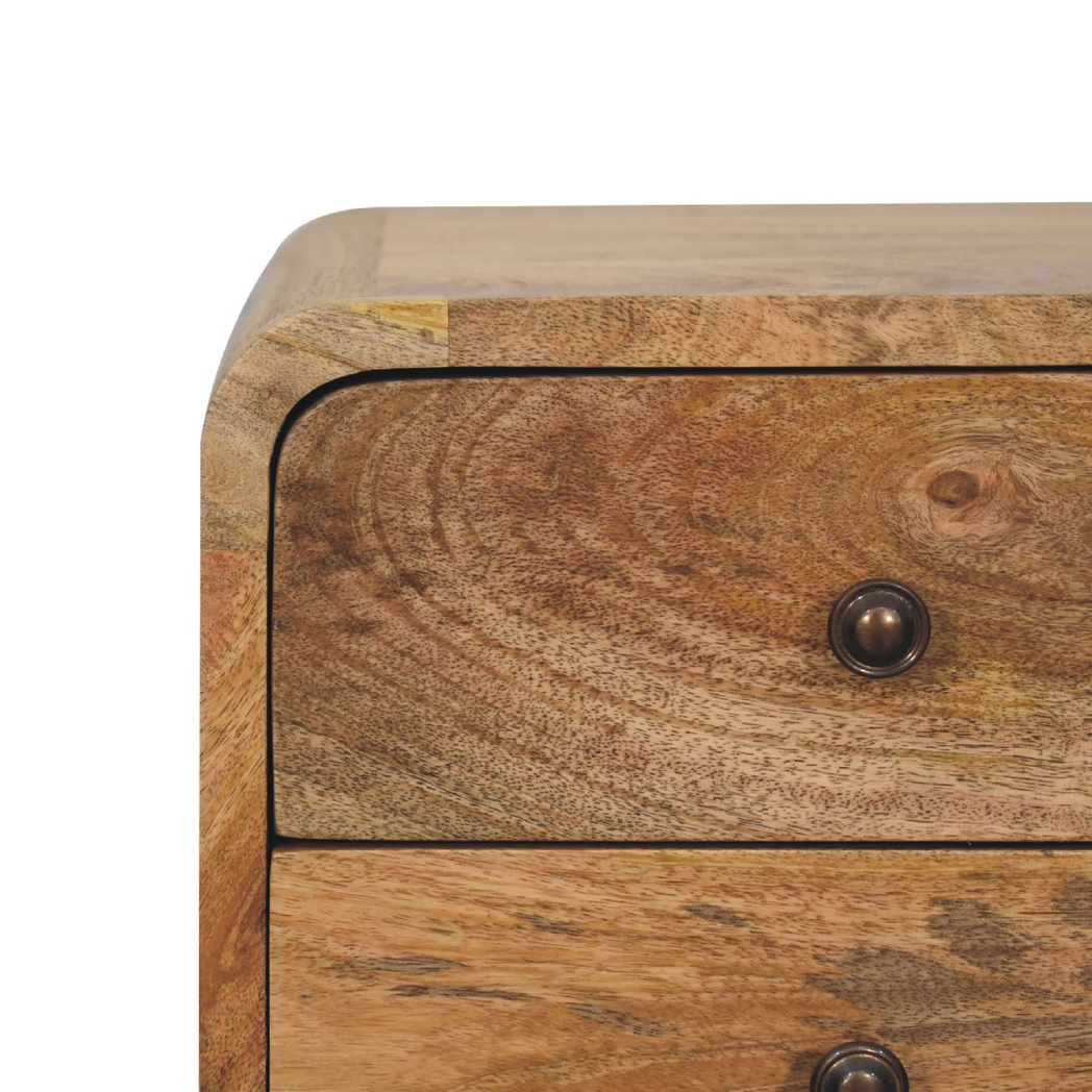 Artisan Furniture Solid Wood Mini Curved Bedside Table with 2 Drawers – Nordic Style, Oak-ish Brown